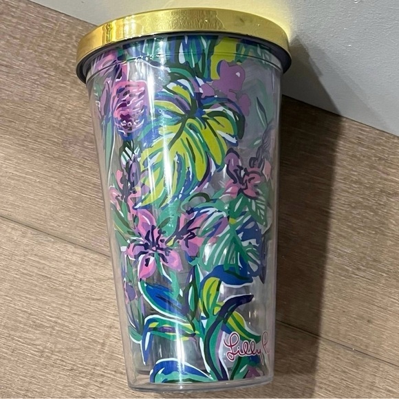 Lilly Pulitzer Travel Tumbler 16oz Gold Lid & Straw Mermaid In The Shade Floral - Picture 4 of 13